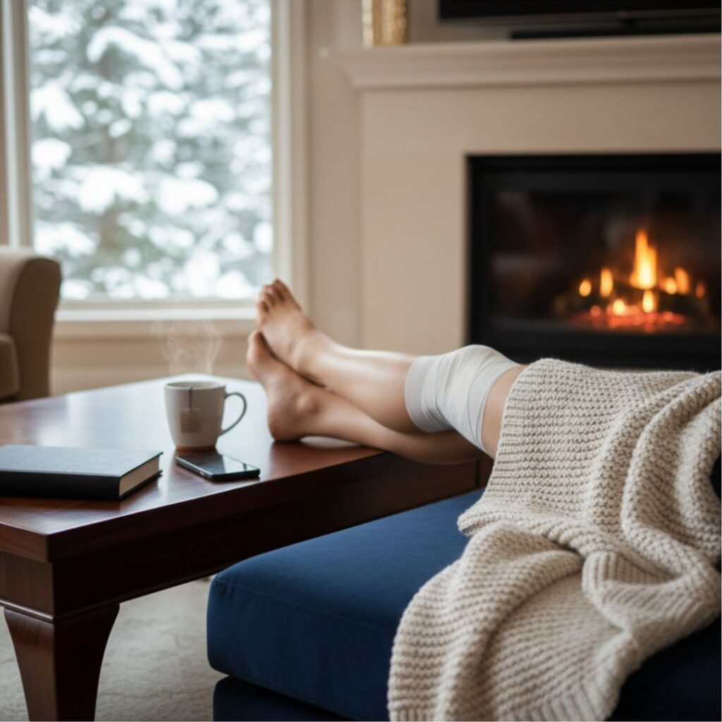 wrapped knee resting on table in colorado mountain home