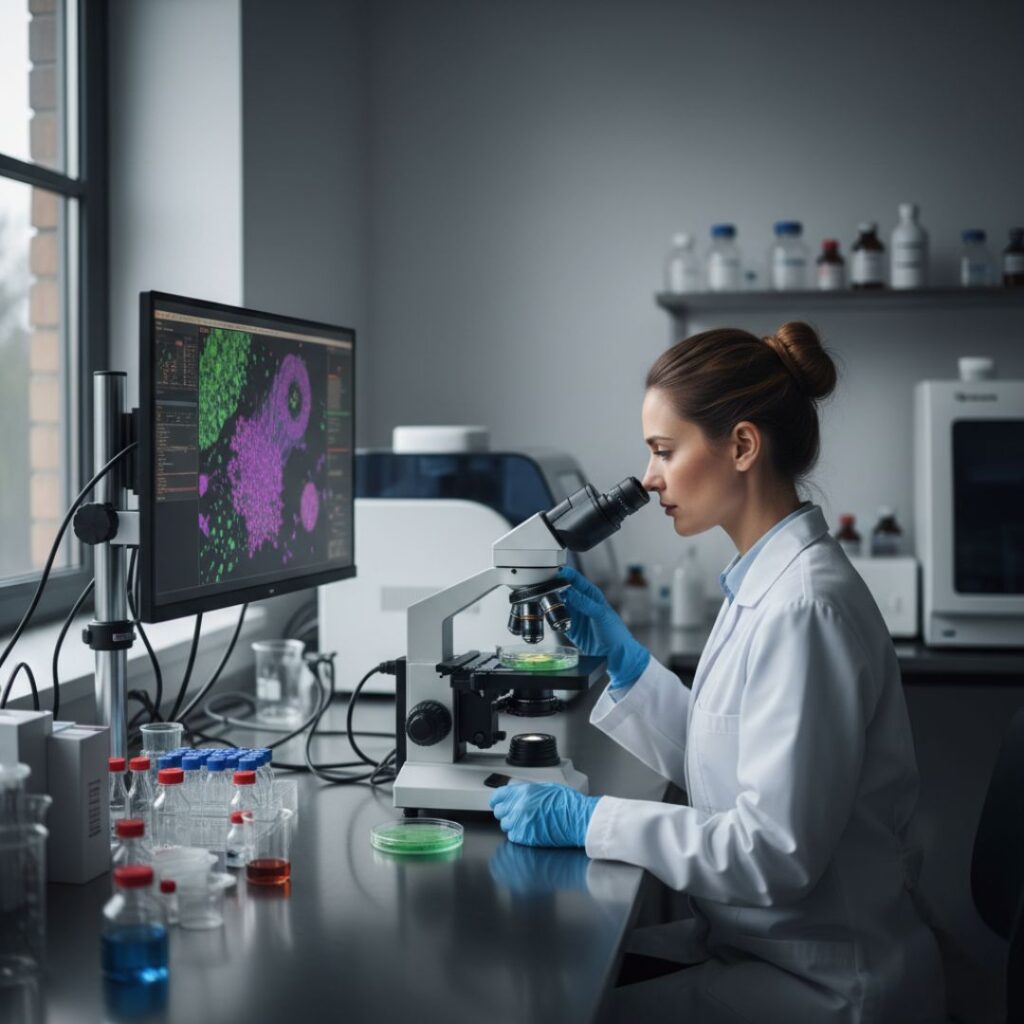 scientist looking under microscope