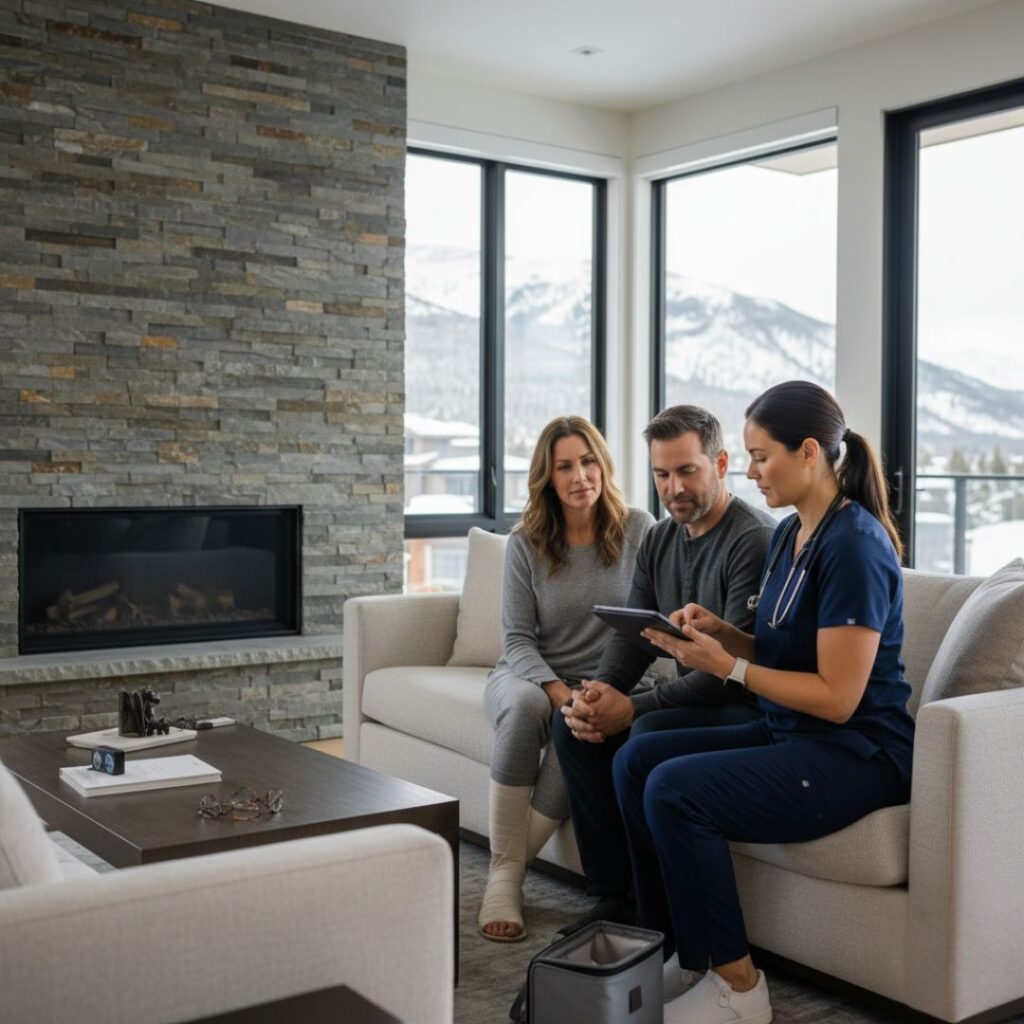 couple sitting with nurse on couch at home