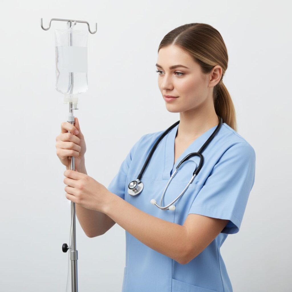 nurse with an IV bag