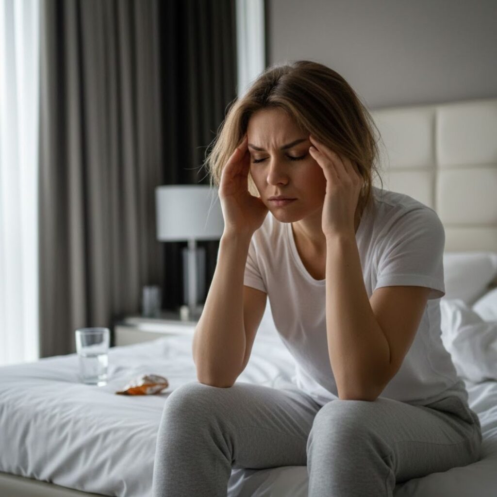 A young woman sits on a hotel bed, looking tired and holding her head, indicating a hangover.