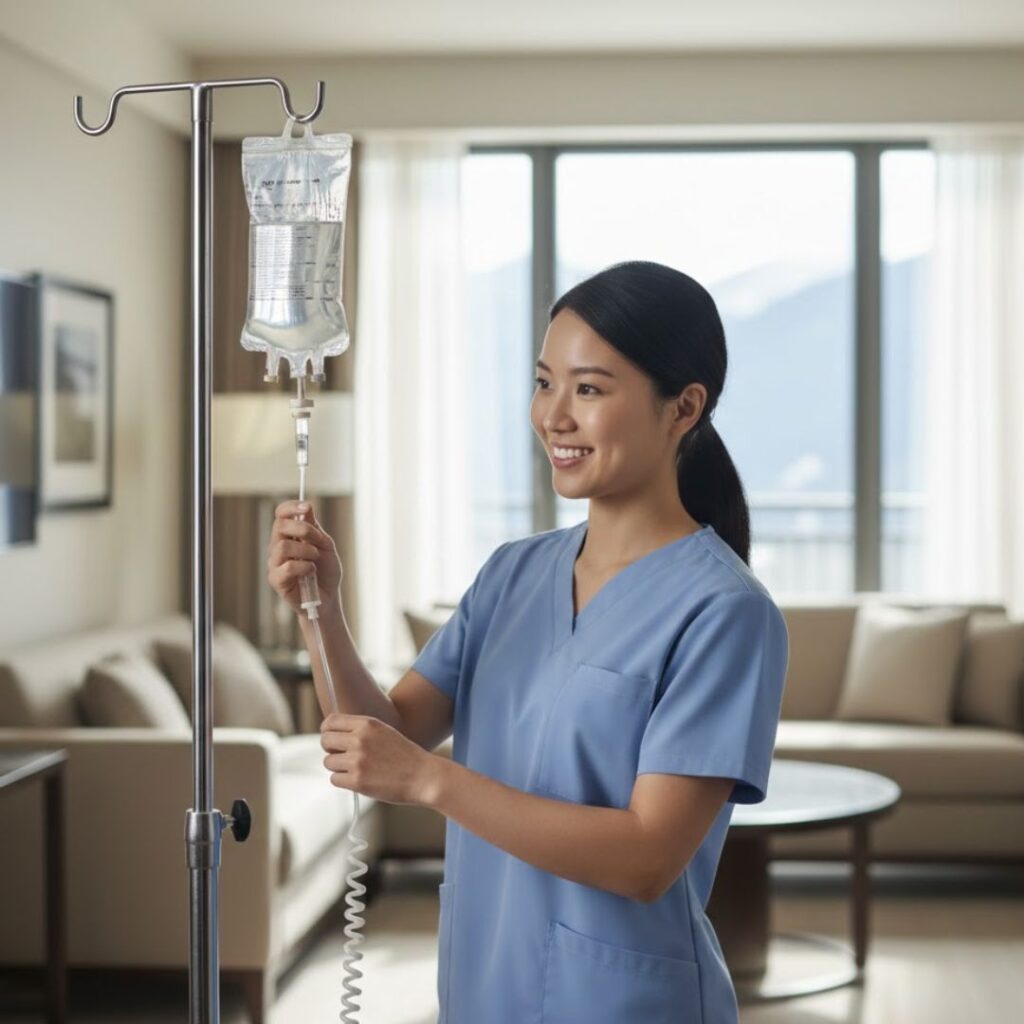 A medical professional in blue scrubs professionally prepares IV therapy equipment in a luxurious hotel suite.