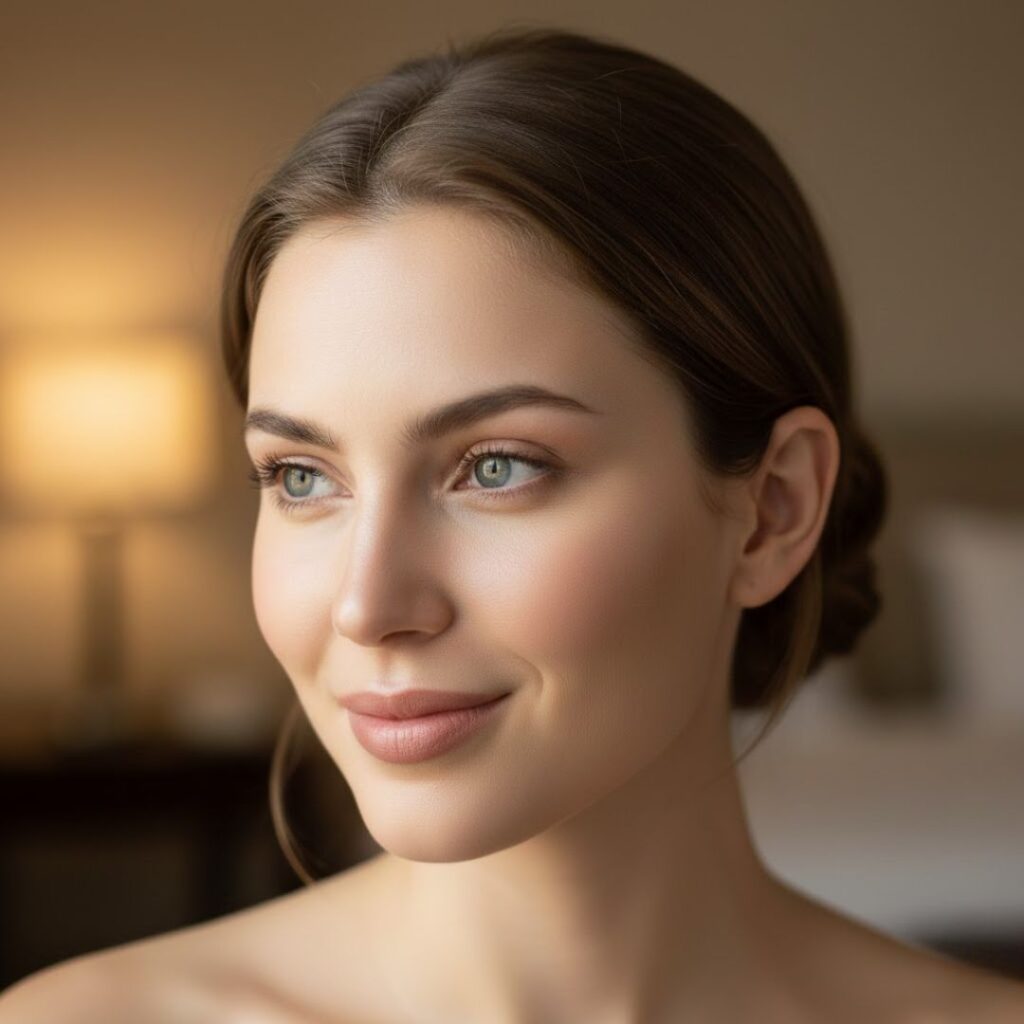 A young woman with radiant skin and bright eyes smiles subtly, looking refreshed and well.