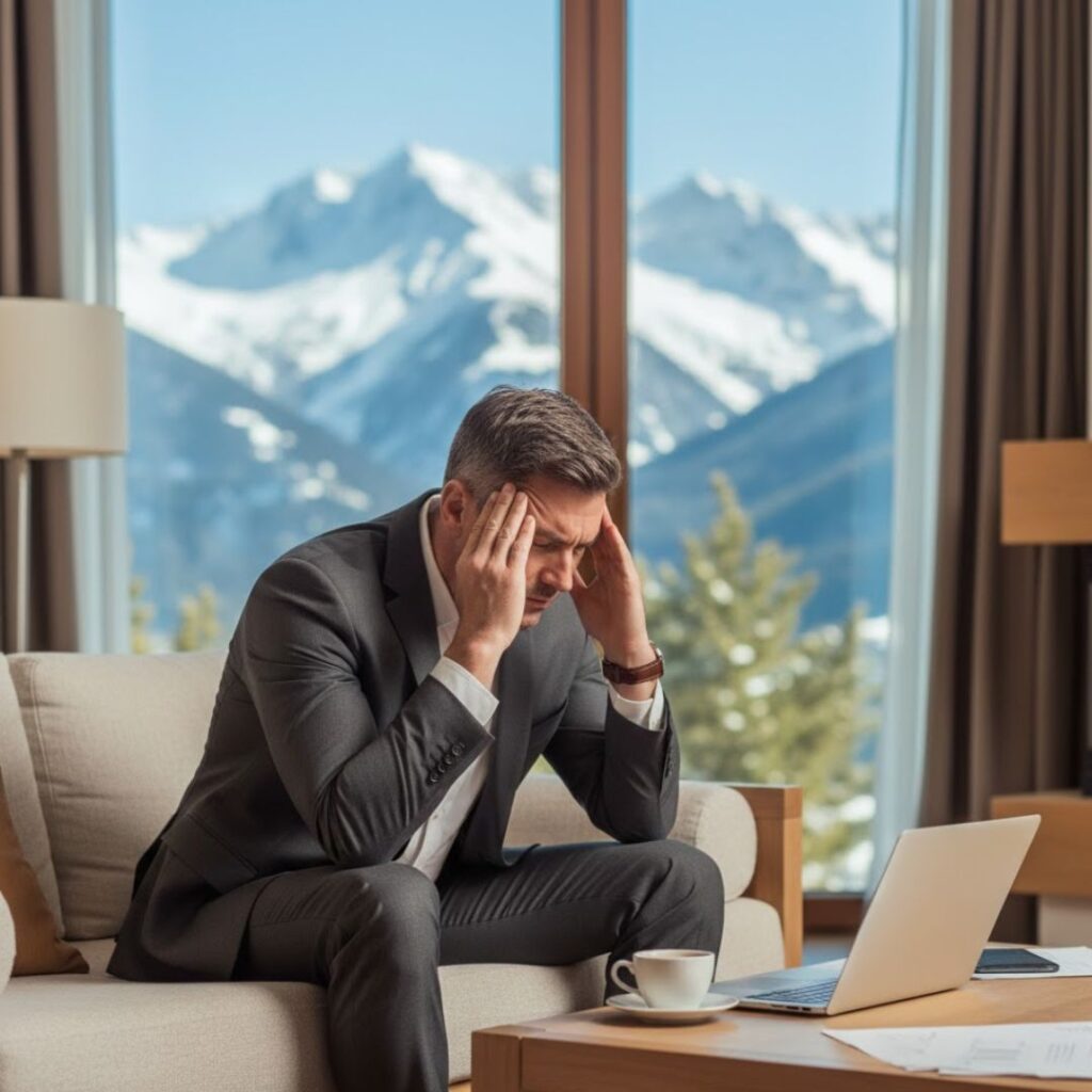 A male executive in a suit sits on a couch in a mountain resort, rubbing his temples due to altitude-induced fatigue.