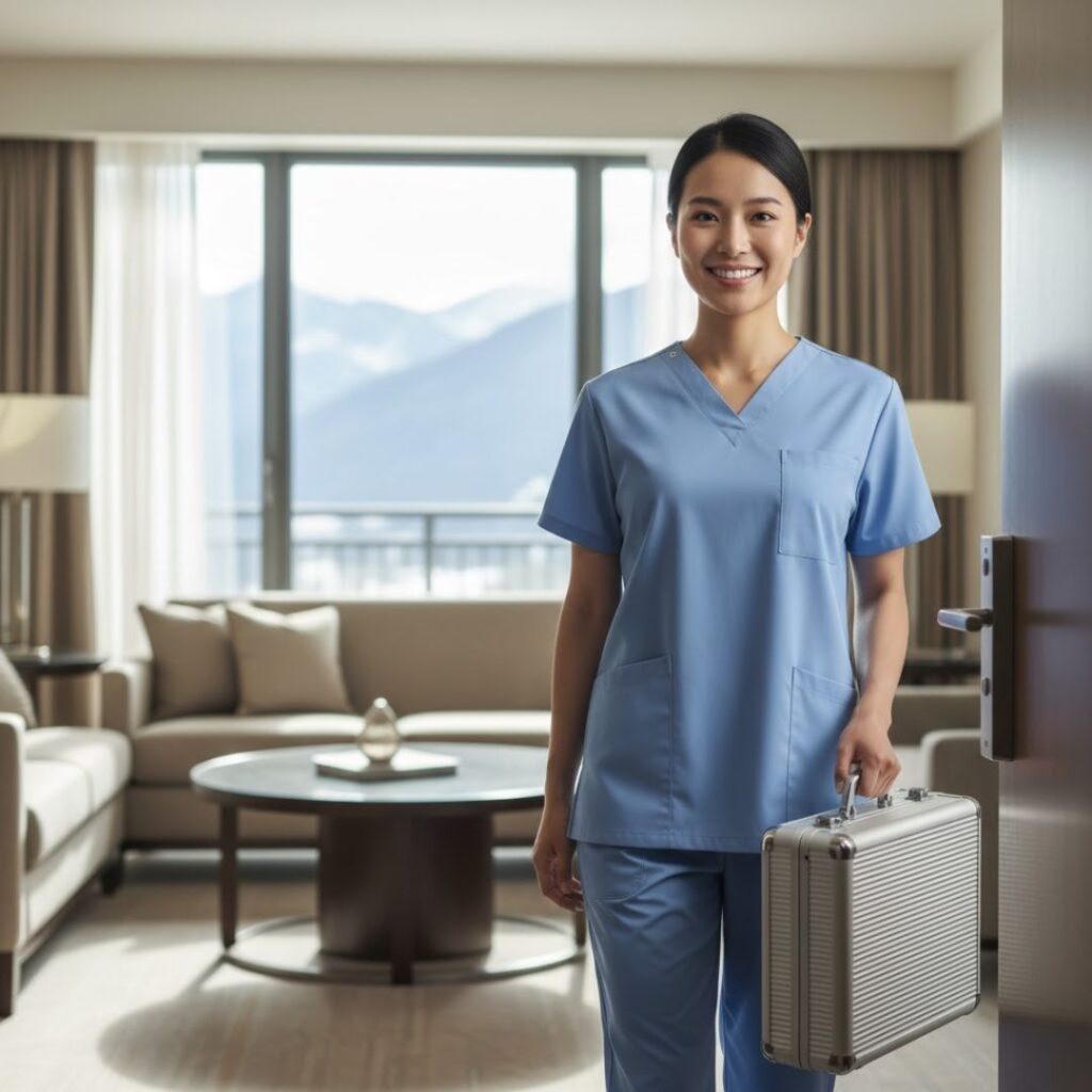 A medical professional in blue scrubs enters a modern hotel suite carrying a professional equipment case.