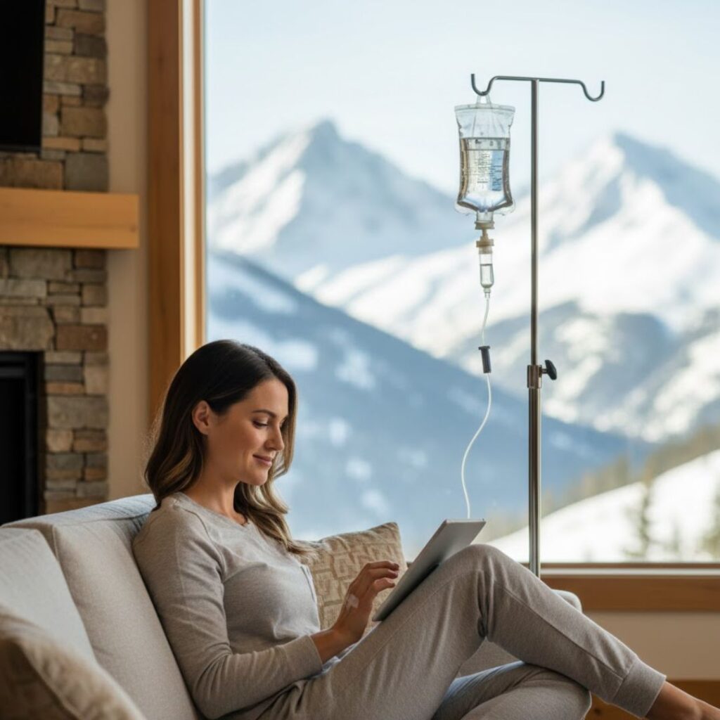 A woman sits comfortably in a mountain lodge while receiving mobile IV therapy and looking at a digital tablet.