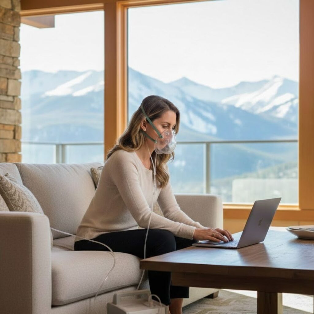 A woman uses a discreet nasal cannula for supplemental oxygen while sitting in a bright mountain resort room.