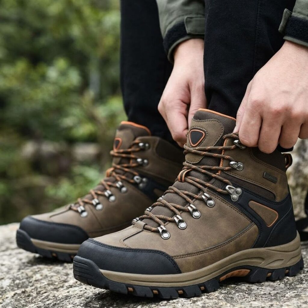 putting on hiking boots