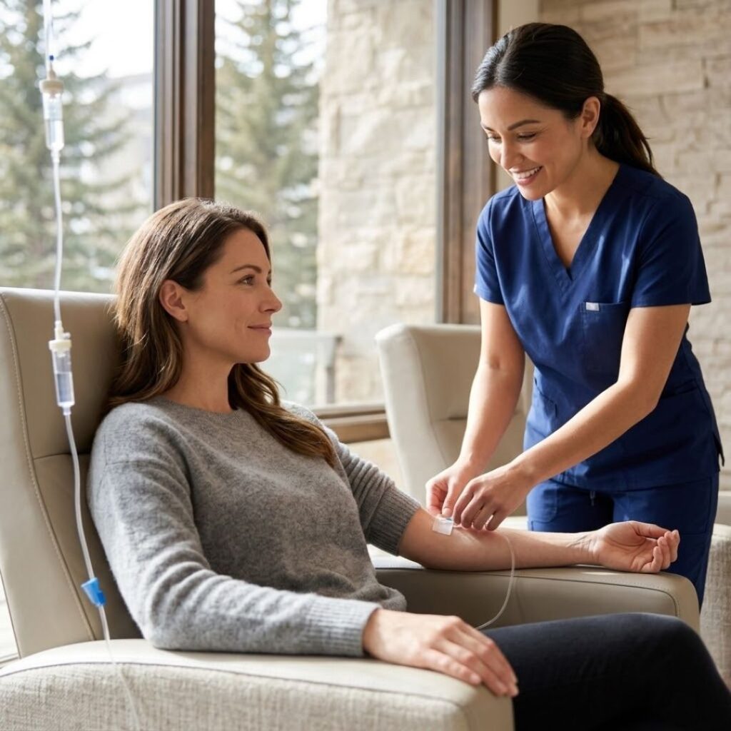 woman receiving IV infusion at clinic