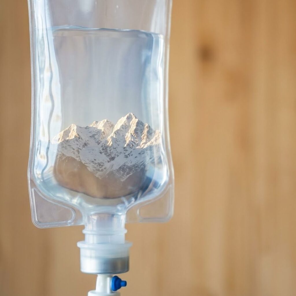 IV bag with mountainscape overlaid in the liquid