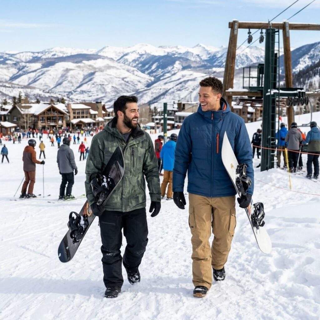 two men holding snowboard walk toward ski lift