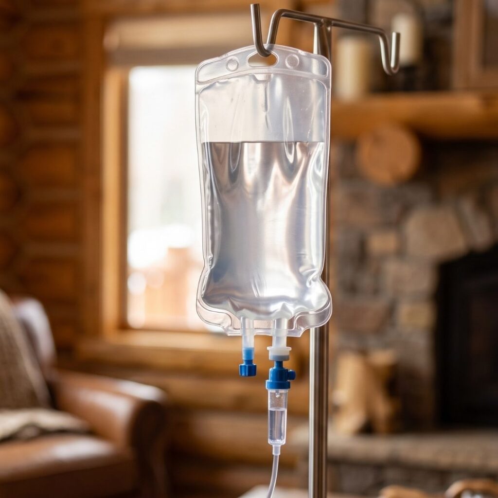 close-up of IV bag in lodge