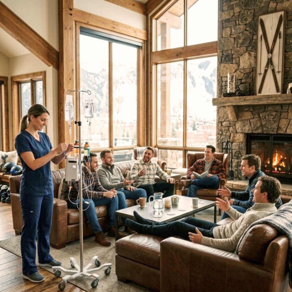 nurse prepares an IV while a group of men relax and drink coffee