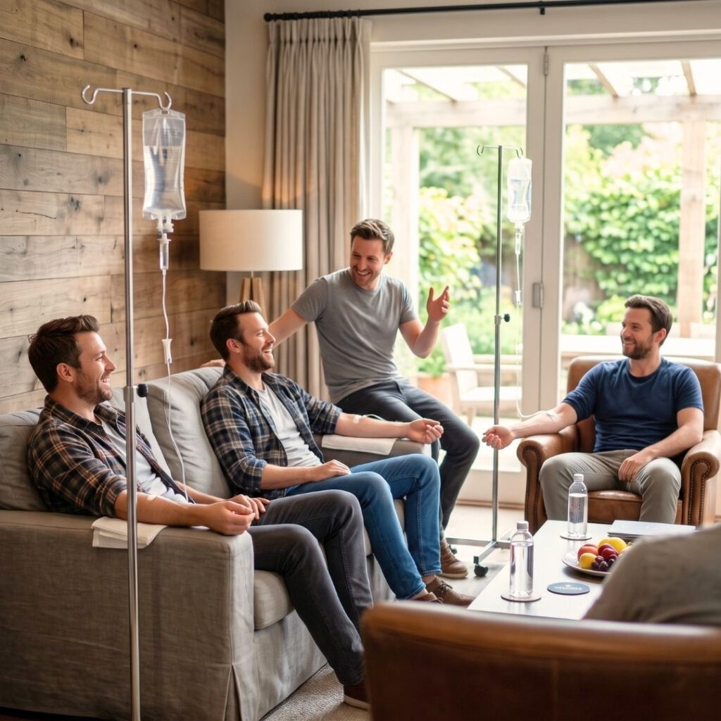 a group of men preparing for a night out with IV drips