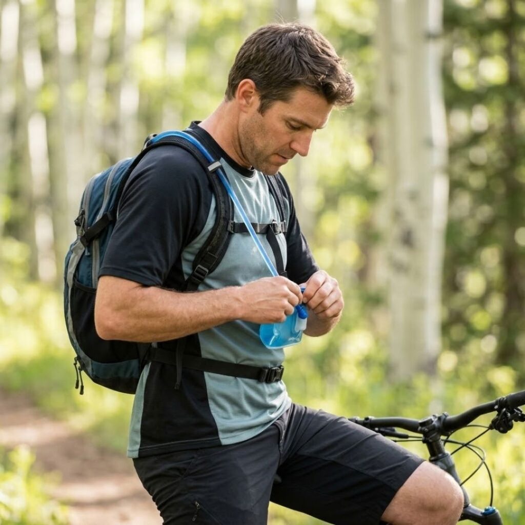 A close-up shows a cyclist filling and preparing their hydration backpack.