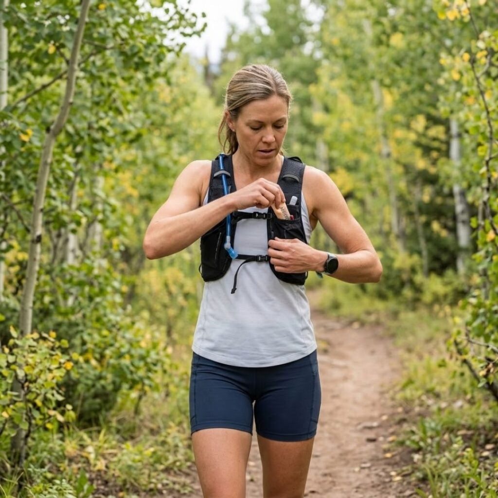 A female trail runner retrieves an electrolyte chew while running a mountain path.