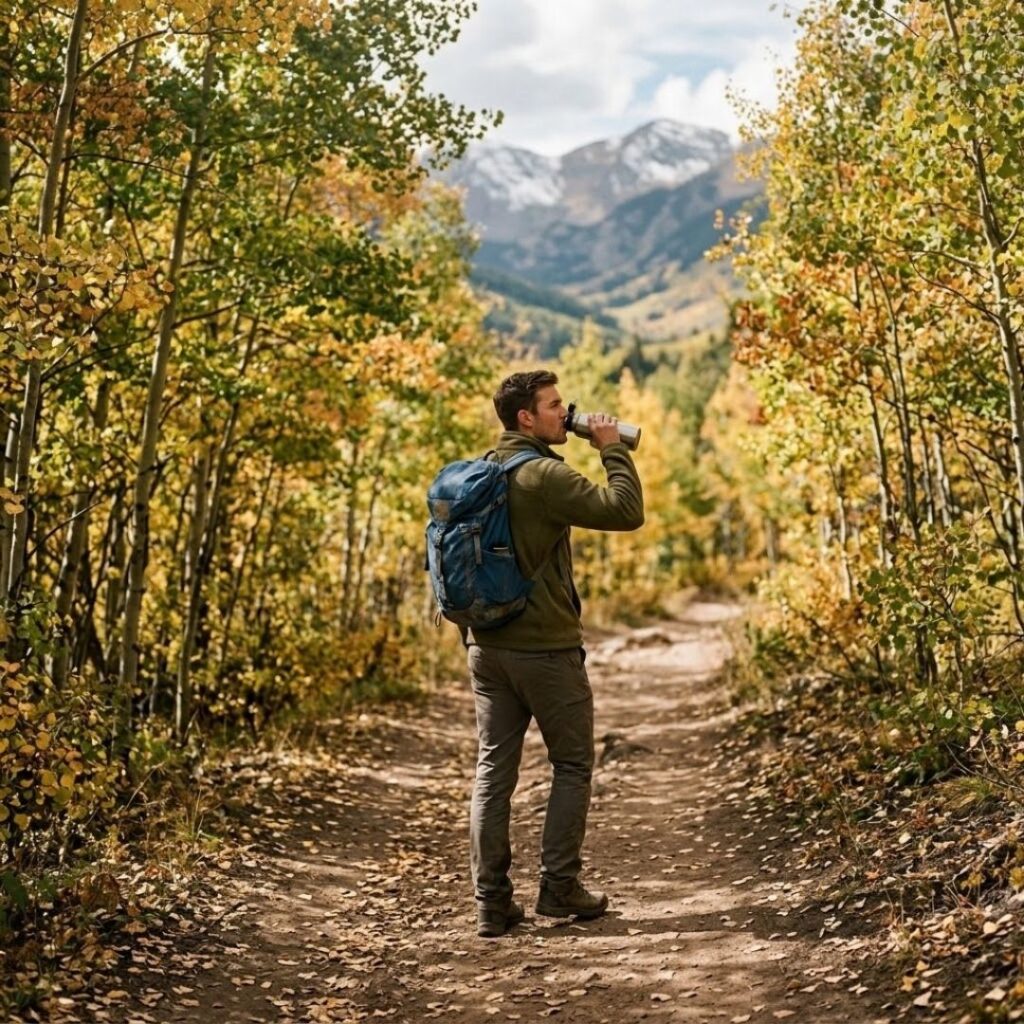 man hiking in Aspen stopping to drink water