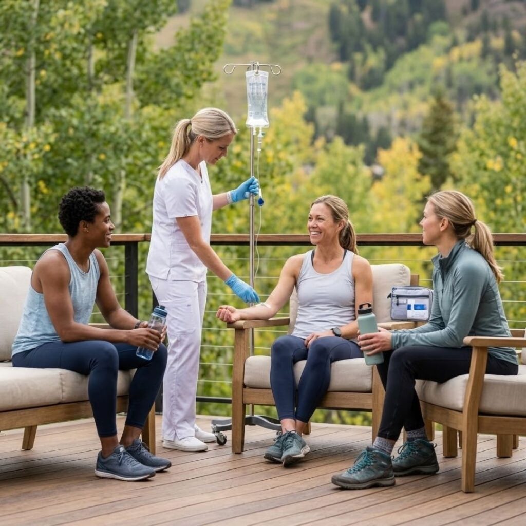 Friends relaxed on a deck while receiving professional IV hydration in Aspen.