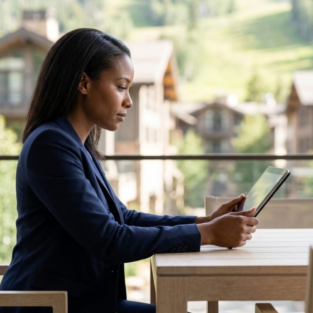 woman focusing on ipad