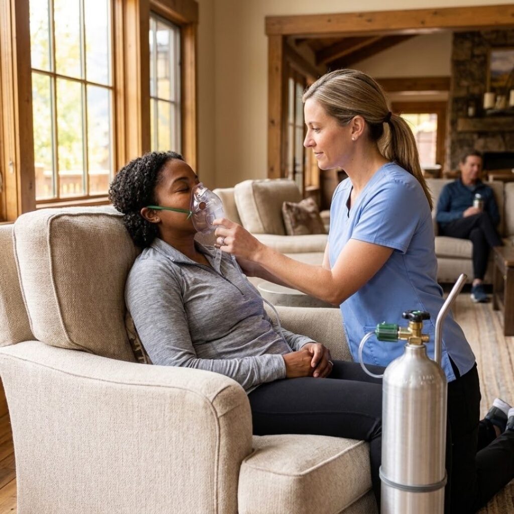 woman getting oxygen therapy by mobile nurse