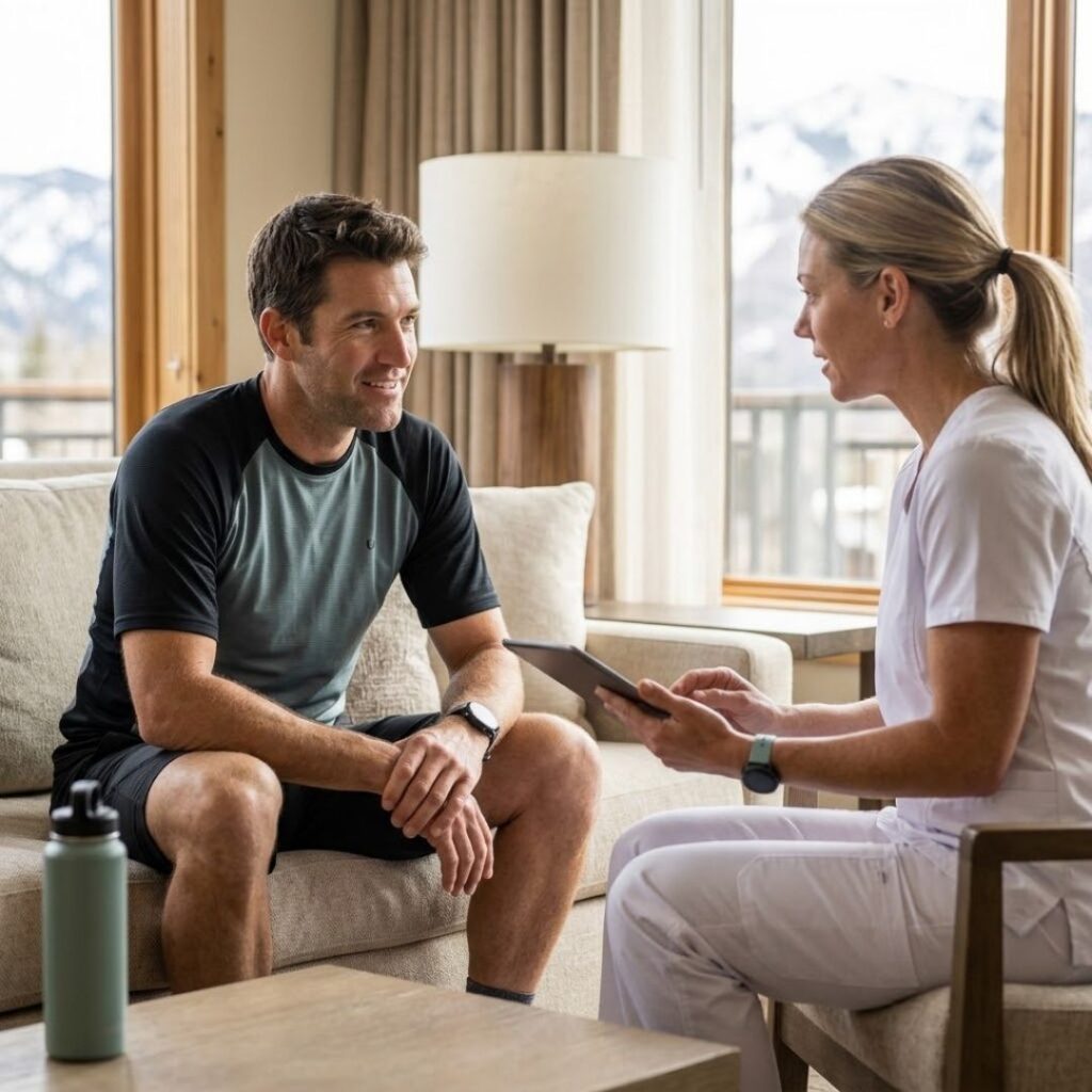 A cyclist consults with a medical professional after finishing a ride