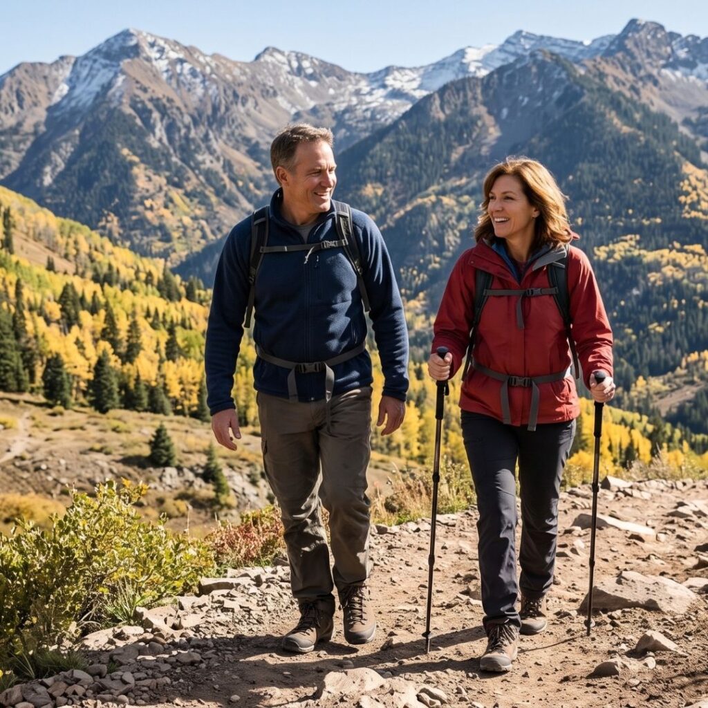 A candid, natural photograph of an active middle-aged couple hiking a rugged mountain trail in Aspen, Colorado, during the autumn season, featuring golden aspen trees and snow-dusted rocky peaks.