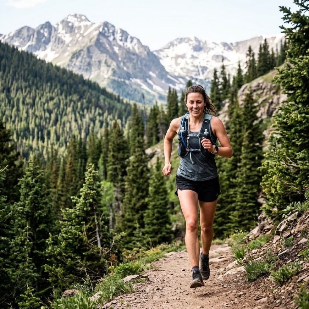 woman trail running at high alttitude