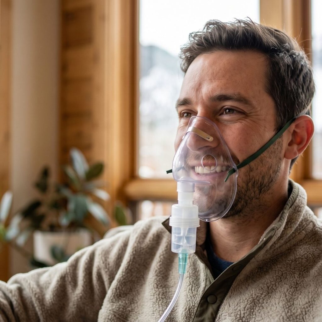 close-up image of a happy man wearing oxygen mask