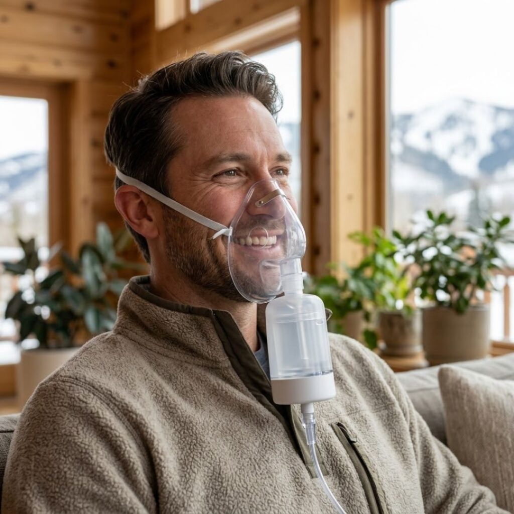 close-up image of man wearing oxygen mask