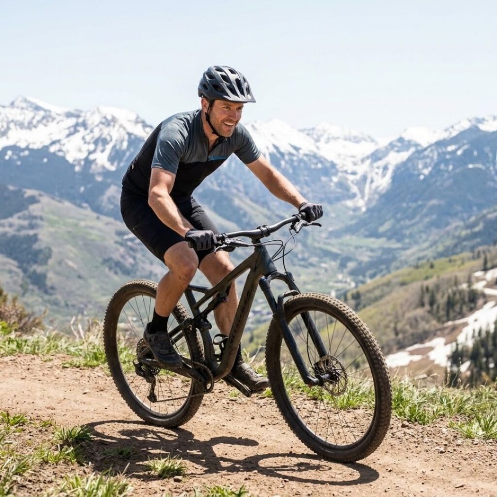man mountain biking in aspen
