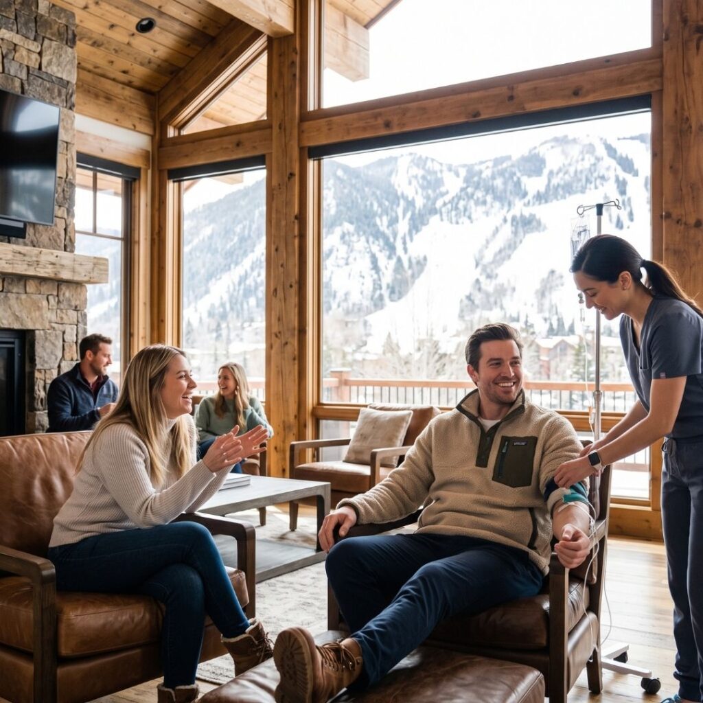 A group of people relaxing in a cozy wooden mountain lodge room by large windows, with one person helping another stand up from a sofa while others chat and smile.